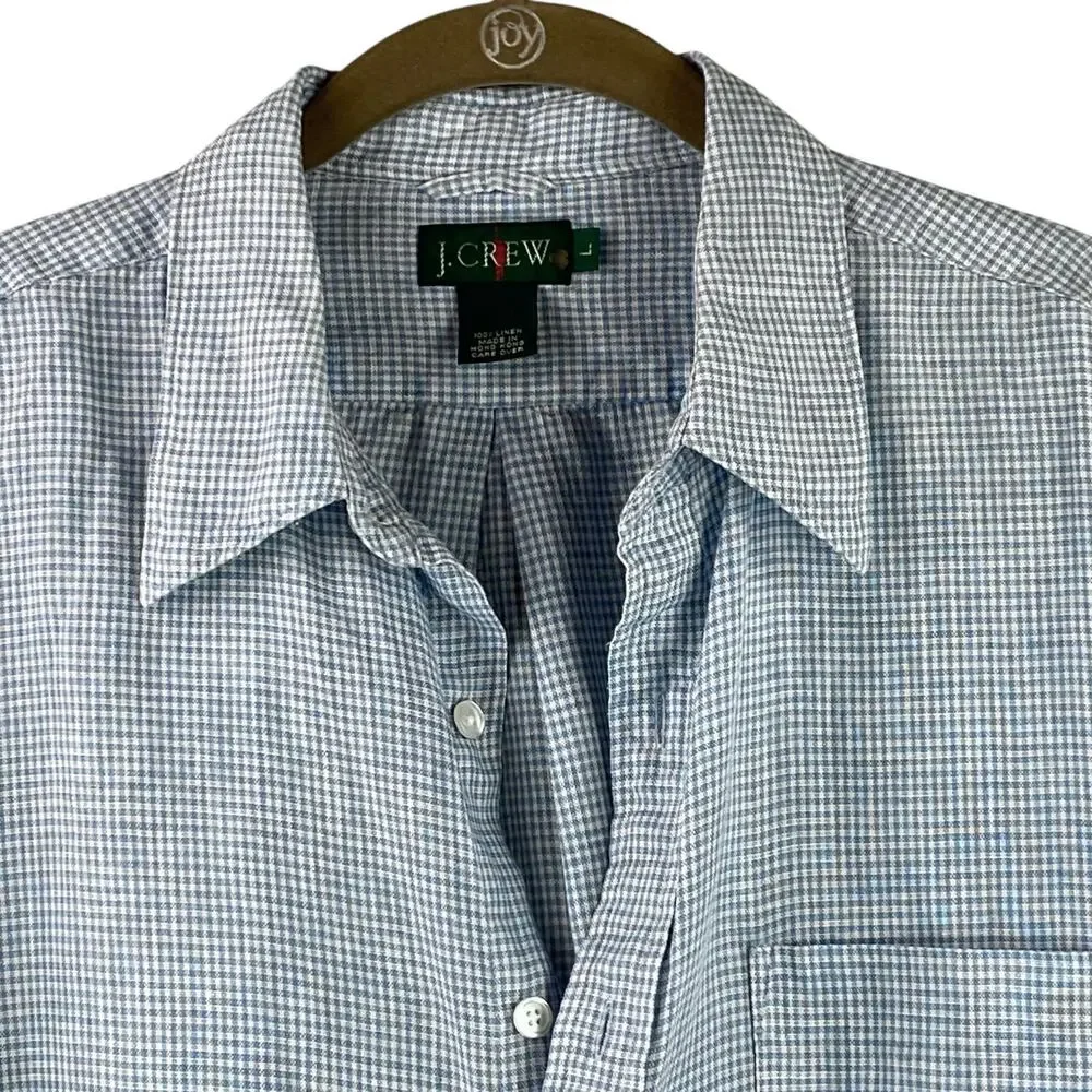 Vintage J. Crew Oarsman Gingham Check 100% Linen Button Up Shirt Blue